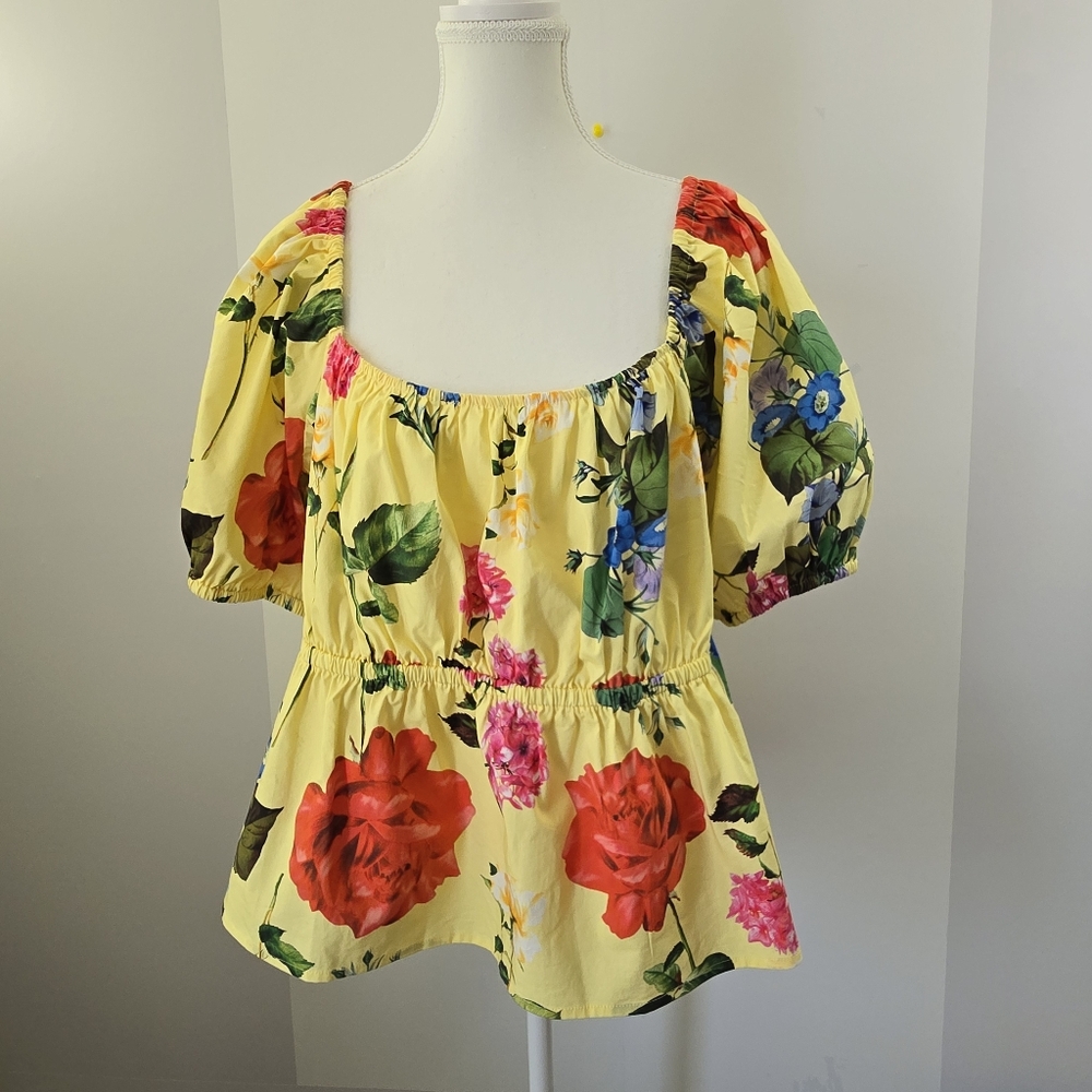 Express Floral Puff Sleeve Square Neck Peplum Blouse, XL (Ptp 20")